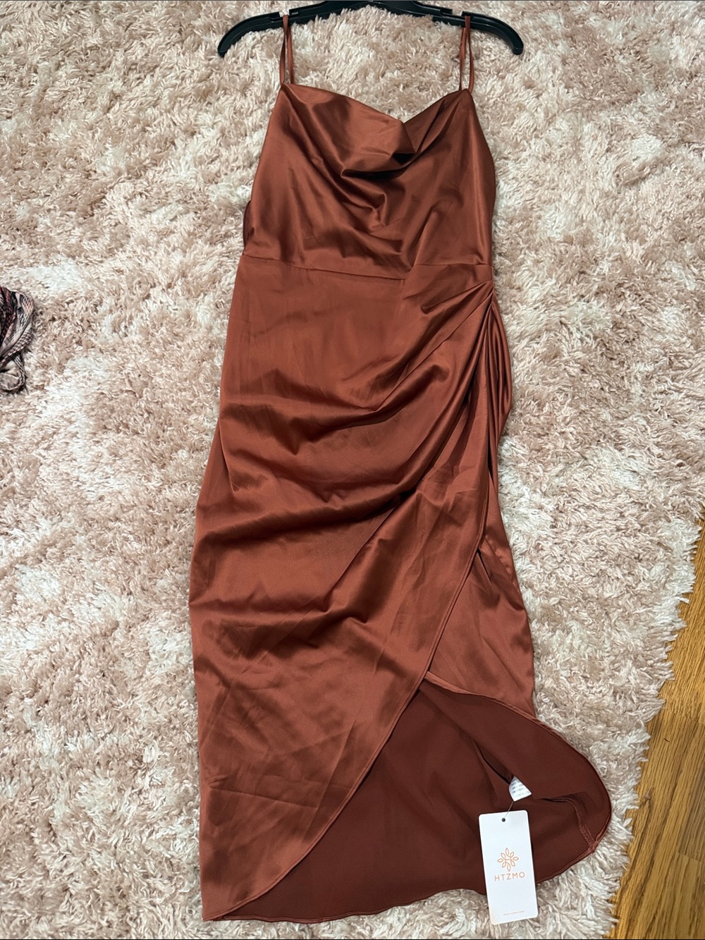 Rust Satin Slip Midi Dress with Draped Detail